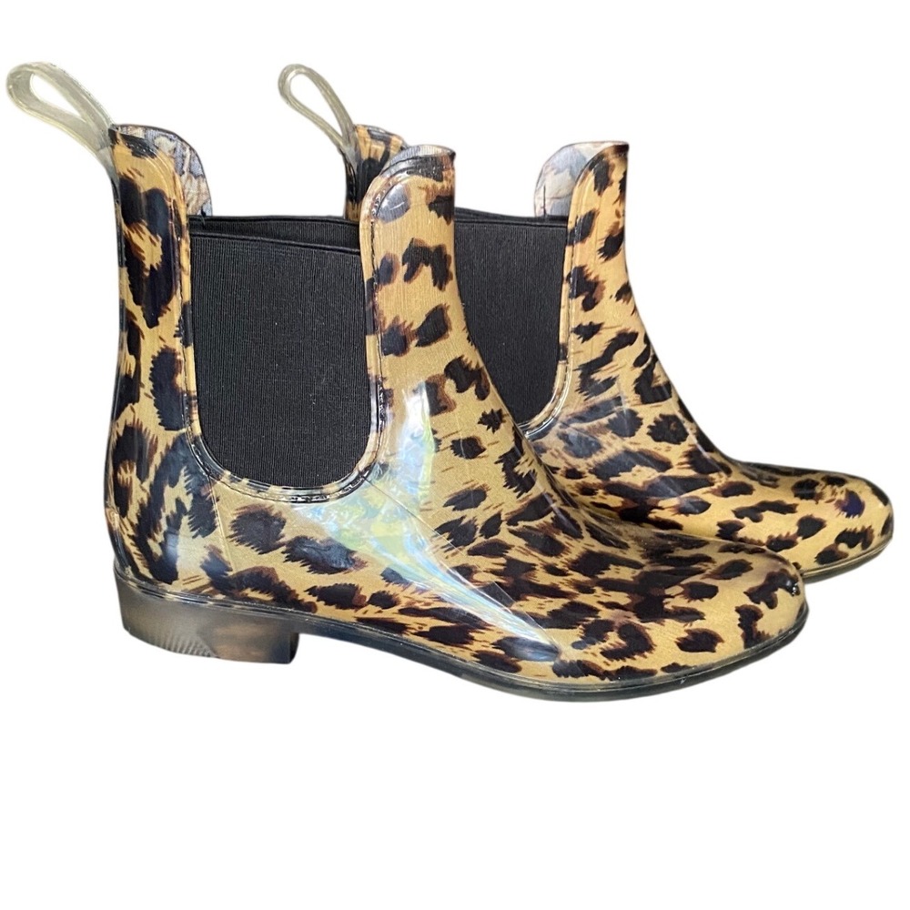 J.Crew Leopard Print Womens 8 Chelsea Ankle Rain Booties‎ Animal Print Glossy